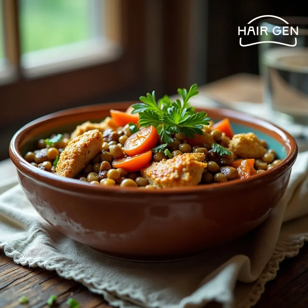 Bol de lentilles cuisinées avec du poulet, des carottes et des tomates, une source nutritive pour des cheveux forts.