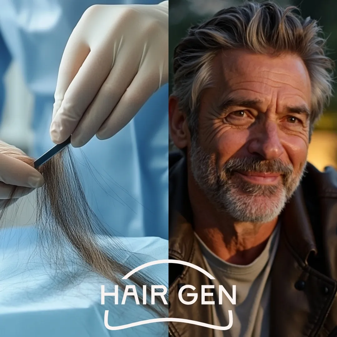 Préparation de mèches de cheveux pour implantation – Homme mature avec une chevelure dense après une greffe de cheveux, arborant un sourire confiant.