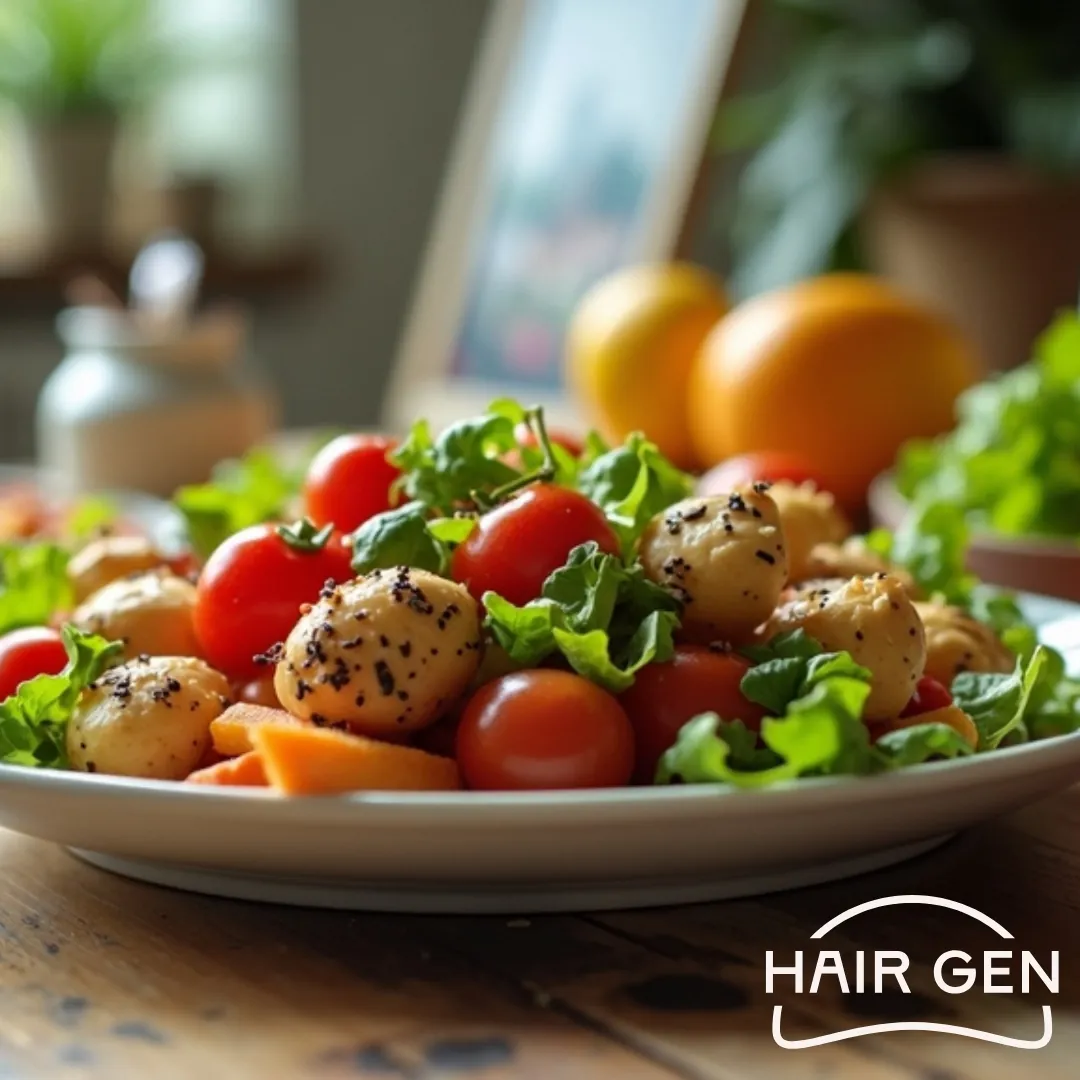 Une assiette colorée de légumes frais et riches en nutriments, un excellent moyen d'adopter une alimentation équilibrée pour réduire les cheveux gras.