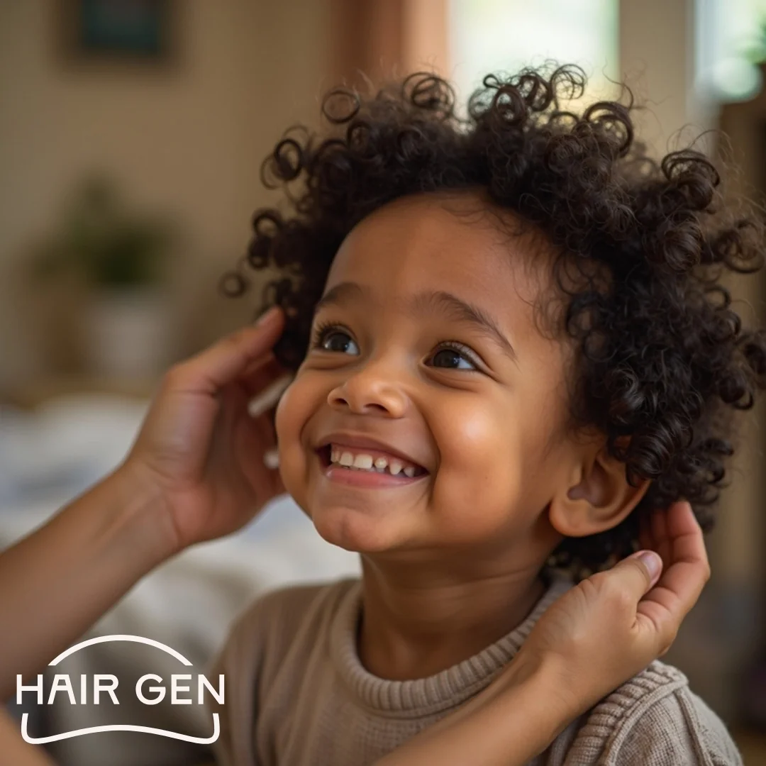 Un enfant recevant une petite application d'huile pour ses boucles.