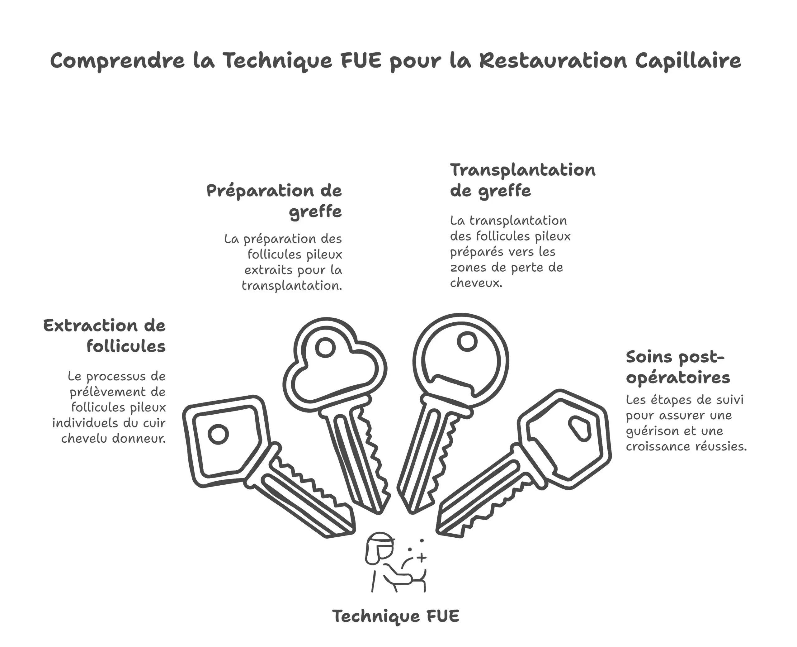 schéma illustrant la technique capillaire FUE.